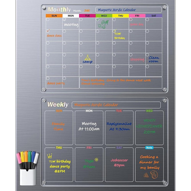 Acrylic Magnetic Calendar for Fridge, 2-Pack Monthly & Weekly Dry Erase Board Planner Noteboard Set for Refrigerator, Glass/Wood Wall, 6 Colors Markers (17"x12")