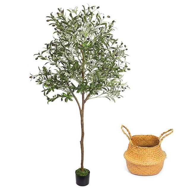 Artificial Olive Tree, 6ft Faux Olive Tree Plant with Woven Planter and Moss, Realistic Olive Branch, Fake Silk Olive Tree in Pot for Home Office Garden Store Indoor Outdoor Decor, 1248 Leaves(6ft)