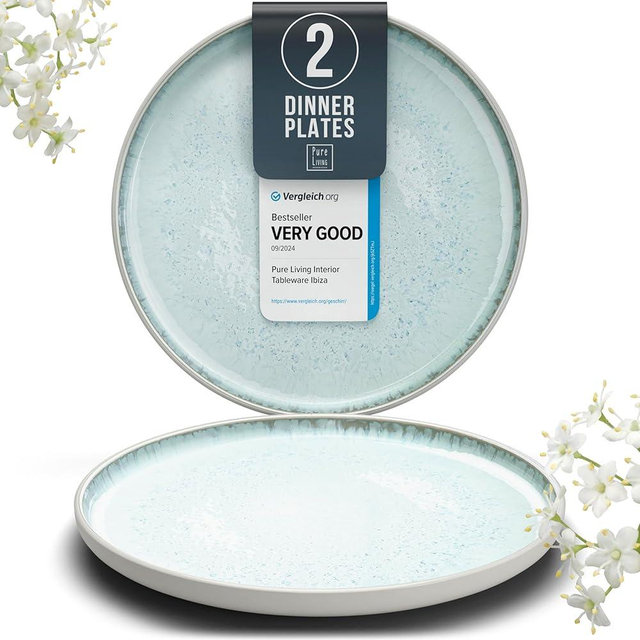 Dinner Plates 2-piece Set Stoneware - Stylish Cake Plates Dishwasher-, Microwave-, Scratch-resistant - Small Plates, Salad Plates in Light Beige-Blue - Pure Living Dinnerware, Large