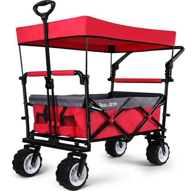 BEAU JARDIN Folding Push Wagon Cart With Canopy Collapsible Utility Camping Grocery Canvas Fabric Sturdy Portable Rolling Lightweight Buggies Outdoor Garden Sport Heavy Duty Shopping Wide Wheel Red