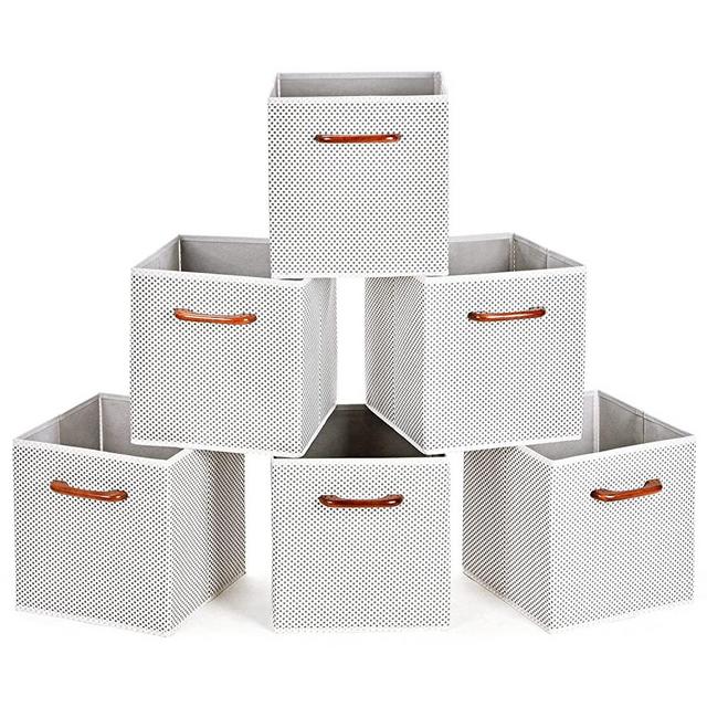 MaidMAX Cloth Storage Bins Cubes Baskets Containers with Wooden Handles for Home Closet Bedroom Drawers Organizers, Foldable, Grey Polka Dot, Set of 6