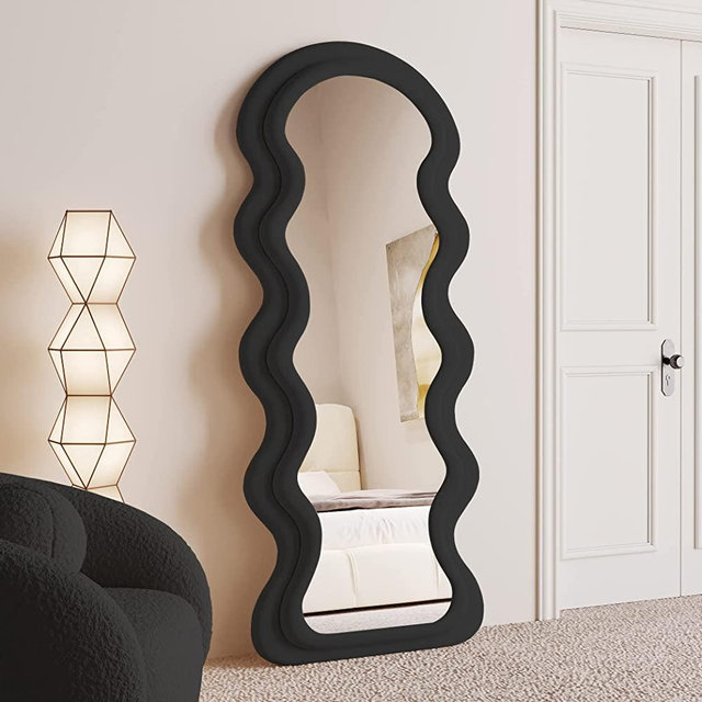 BOJOY Full Length Mirror 63"x24", Irregular Wavy Mirror, Wave Arched Floor Mirror, Wall Mirror Standing Hanging or Leaning Against Wall for Bedroom, Flannel Wrapped Wooden Frame Mirror-Black