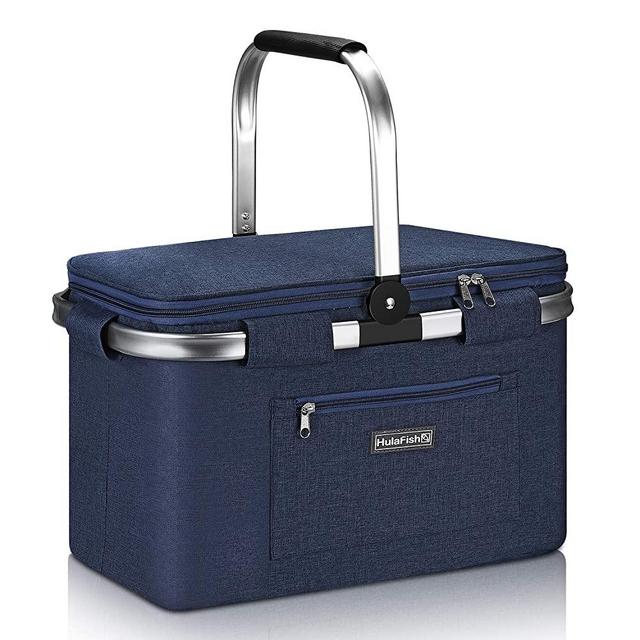 HulaFish Foldable Insulated Picnic Basket with lid 32L Extra Large Insulated Bag for Picnic, Food Delivery, Take Outs, Grocery Shopping, and as Cooler Bag. Foldable Design Compact for Storage