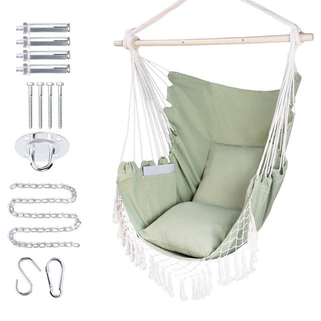 PIRNY Hammock Chair Hanging Rope Swing Chair,Max 450 Lbs, Large Hanging Chair with Pocket, 2 Cushions, Steel Bar with Anti-Slip Rings, Hardware Kit Included, Comfortable for Indoor Outdoor (Green)