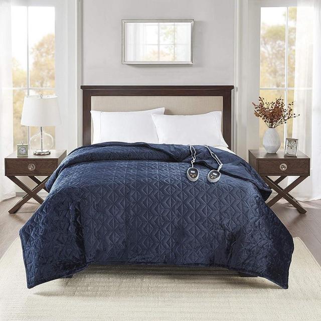 Beautyrest Plush Heated Blanket Pinsonic Quilt Super Soft Electric Throw, Controller with 10 Hours Auto Shutoff and 20 Heat Level Setting, Full, Navy