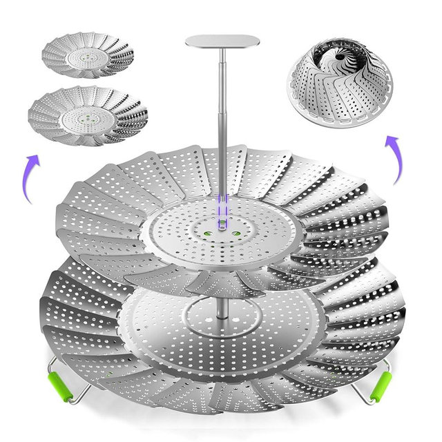 LANVIYA Large Capacity Food Steamer for Cooking,2 Layer Stainless Steel Folding Expandable Vegetable Steamer Basket to Fit Various Size Pot,Multi-function Egg Basket for Kitchen Baby Food Tools (Double-New)