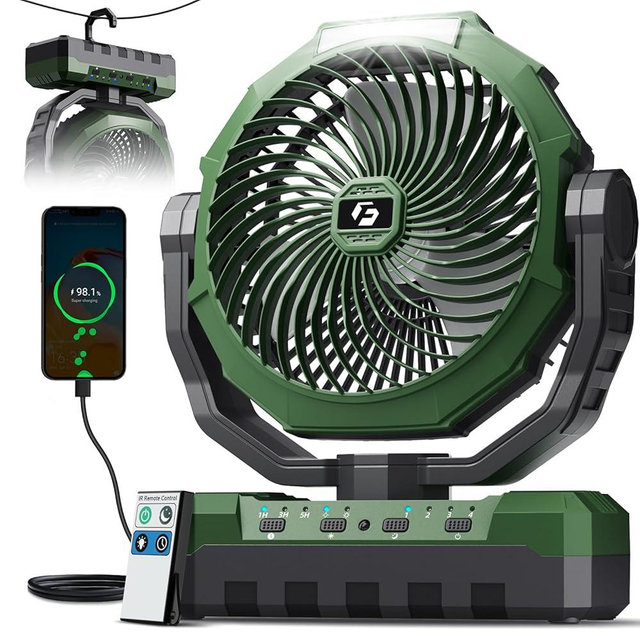 FRIZCOL 3-in-1 Camping Fan - Portable Fans Rechargeable - 48000mAh Battery Powered Fan with Light & Remote for Indoor, Outdoor, Tent, Travel, Fishing, Jobsite, Gifts for Men Dad Him - Green
