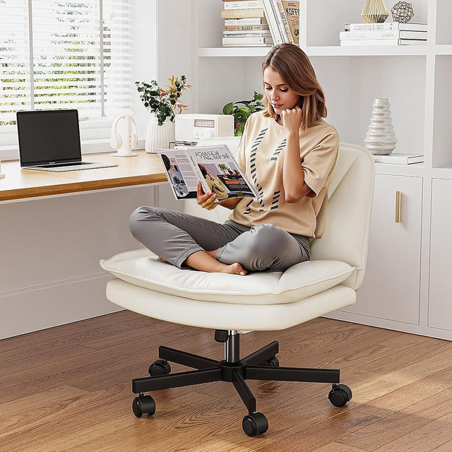 Armless 25.5" Wide Criss Cross Chair with Wheels, Leather Cross Legged Office Chair with 2-Layer Cushion,Swivel Modern Home Office Desk Chair Wide Seat Height Adjustable,Comfy Vanity Chairs,Beige