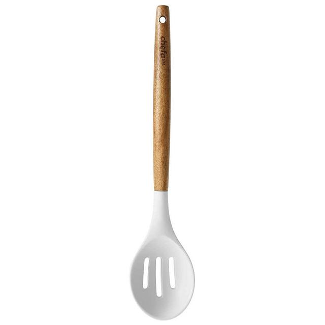Chefa USA Silicone Slotted Serving Spoon - with Wooden Handle, Non-Stick Cookware Heat Resistant Kitchen Utensil - White