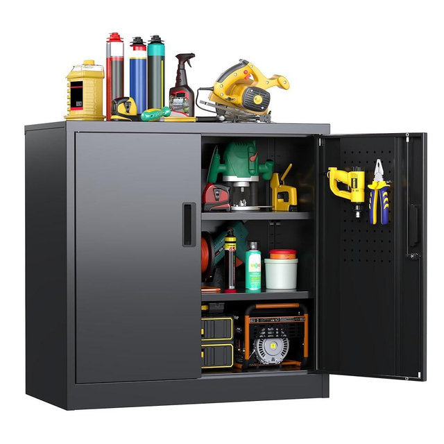 JAORD Metal Storage Cabinet with 2 Lockable Doors and 2 Adjustable Shelves, Locking Garage Storage Cabinet with Pegboard, Small Metal Cabinet with Lock for Garage, Home, Black, Assembly Required