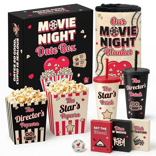 Movie Night Date Night Box for Couples, Perfect Valentines Day Gifts with Couples Blanket, Popcorn Bowl Buckets, Re-usable Cups, Date Night Generator Cards, Movie Genre Dice, Gifts for Movie Lovers