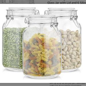 JoyJolt Airtight Glass Jars with Lids Set of 3. 50oz Glass Jar with Lid and 6 Silicone Seals! Med Glass Food Storage Containers. Square Mason Jar, Flour Jar, Candy or Cookie Jars for Kitchen Counter