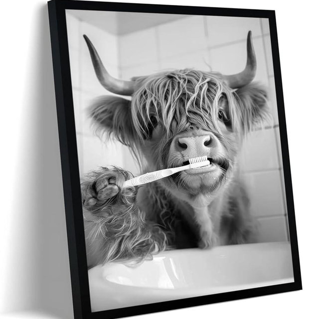 FYLDPSB Highland Cow Framed Canvas Wall Art Funny Animals Bathroom Wall Decor Highland Cow Brushing Teeth Painting Pictures Black and White Animal Print Posters, home decor for Bathroom, 8" W * 10" H