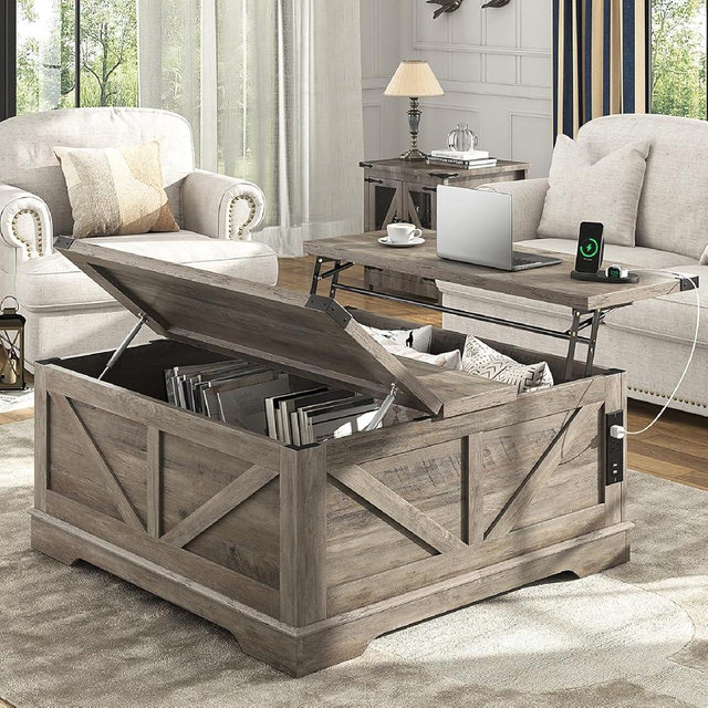 Hlivelood 40” Large Farmhouse Lift Top Coffee Table with Power Outlets and Large Hidden Storage, Square Wood Living Room Tables, Multi-Function Lift Wooden Barn Door Center Table, Grey