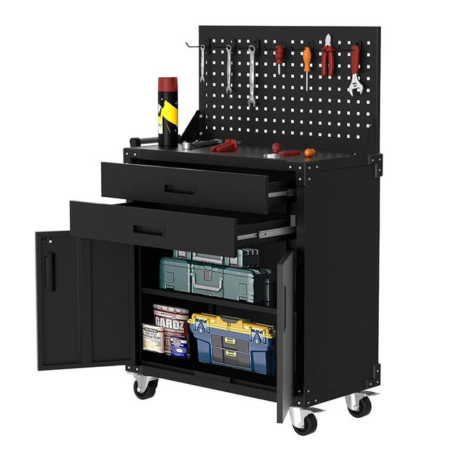 EcoSummer 35" Heavy-Duty Steel Rolling Tool Cabinet with 2 Deep Drawers & Locking Casters, Adjustable Shelves, Built-in Pegboard, Garage, Workshop, Warehouse Storage Organizer, Mobile Workbench