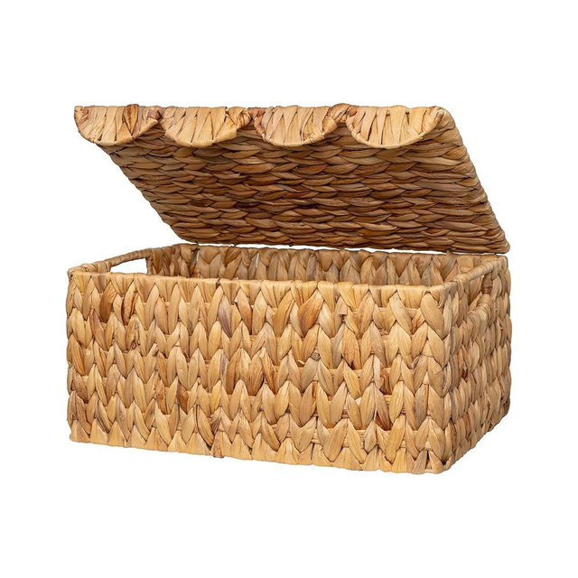 StorageWorks Wicker Basket with Scalloped Edge Lid, Water Hyacinth Basket with Built-in Handles, Handwoven Wicker Box for Living Room, 15" L x 11 ¼" W x 7" H