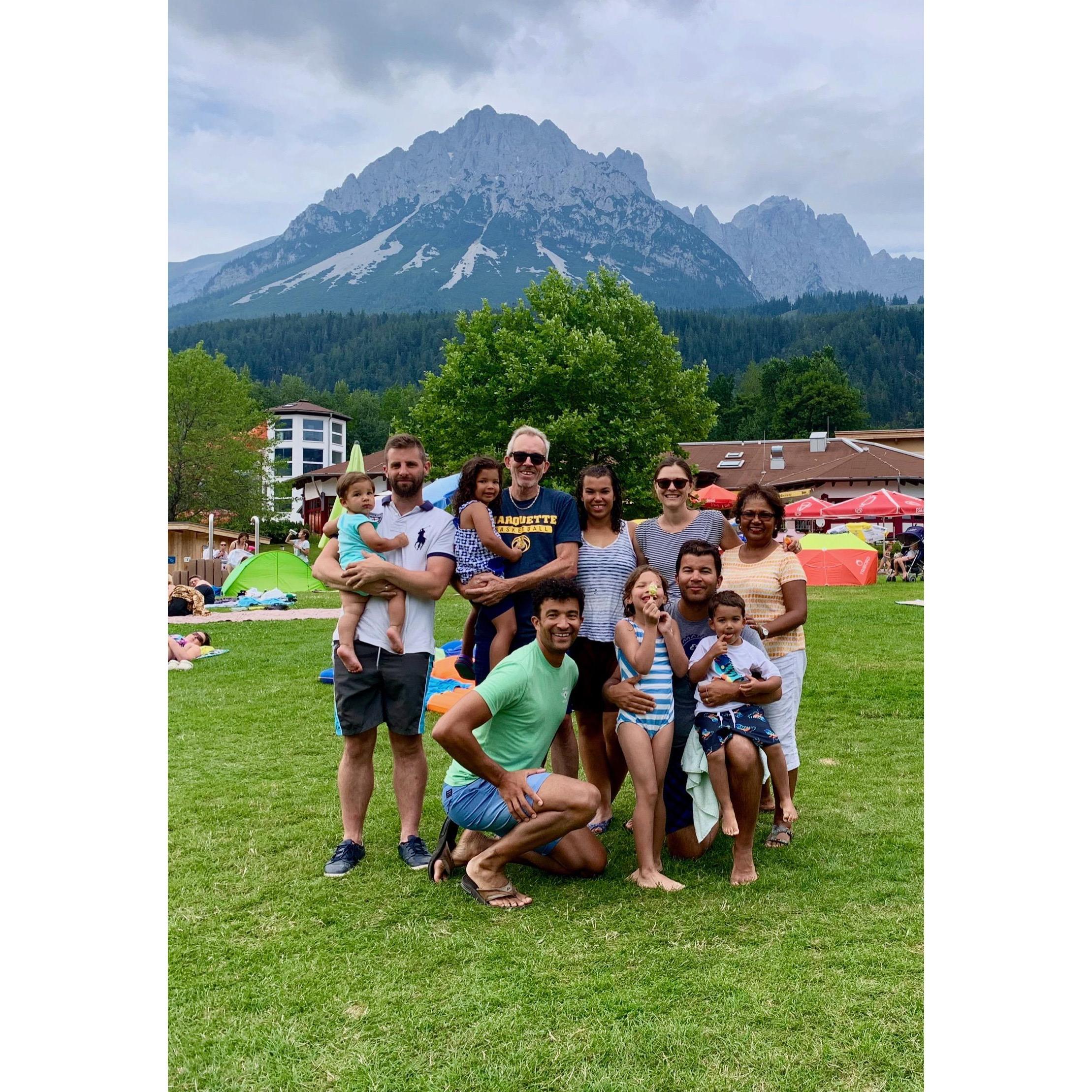 Summertime in Tirol, Austria with the Wedekinds, Wolstenholmes, and the Alps:  Miryam, Lothar, Richard and Grant, Alexandra, Sophia, Kassia, Louisa, and Aron and Frank.