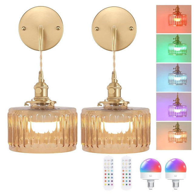 Shenmoyl Battery Operated Wall Sconce with Amber Striped Shade Pattern Glass Adjustable Chain Retro Gold Wall Mounted Light, Modern Wall Decor for Bedside Bedroom Indoor Doorway， Set of 2