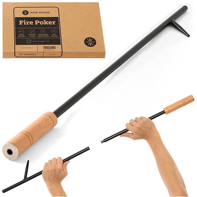 WISE MOOSE Fire Poker - 34 Inch Campfire Poker with Blow Poke Function, 2 Part Assembled Fire Pit Poker, Fire Poker for Fire Pit with Wooden Handle, Fire Pit Tools for Indoor, Outdoor