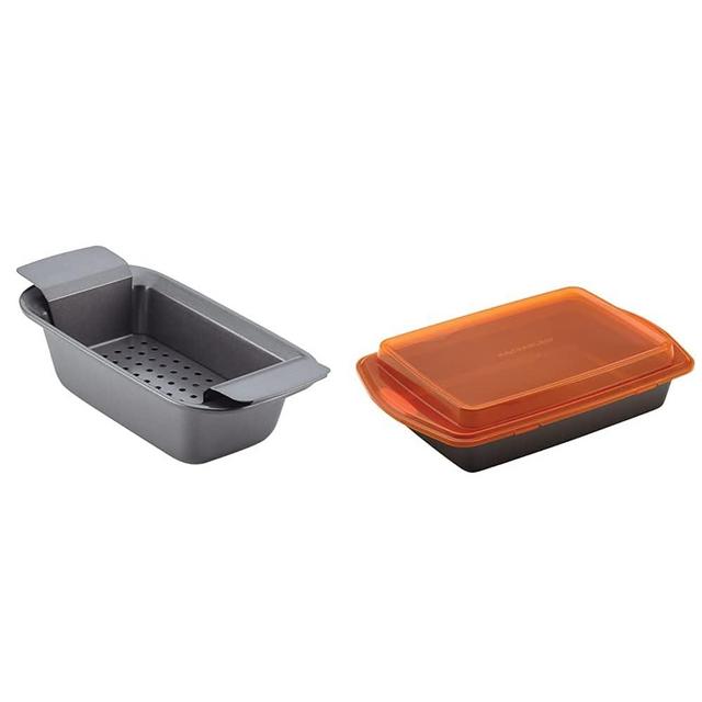 Rachael Ray Bakeware Meatloaf/Nonstick Baking Loaf Pan with Insert, 9 x 5 Inch, Gray & Nonstick Bakeware with Grips Nonstick Baking Pan With Lid and Grips/Nonstick Cake Pan, 9 x 13 Inch, Gray