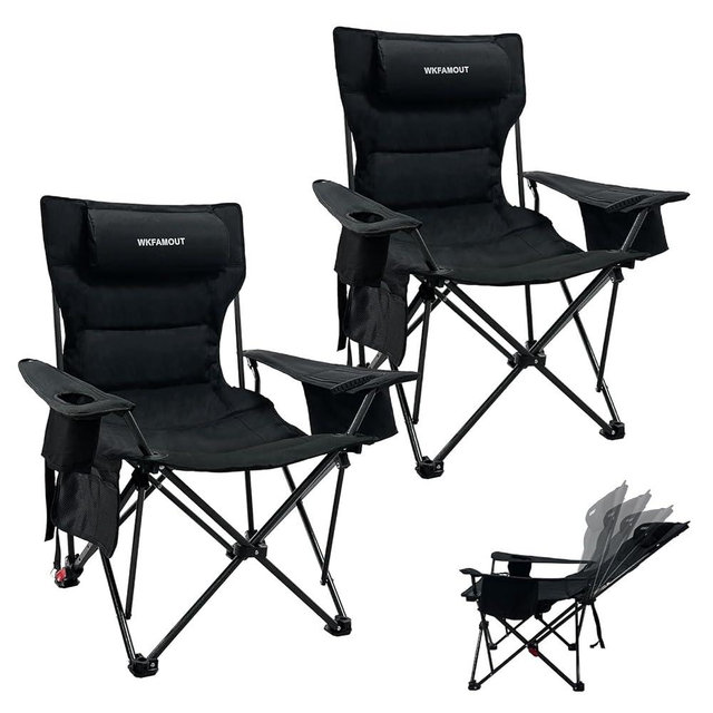 WKFAMOUT 2 Pack 4-Position Reclining Camping Chair Padded with Cooler Bag for Adults, Folding Outdoor Camp Chair Heavy Duty with Cup Holder Supports 265 lbs