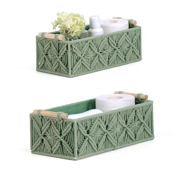 Nonam Macrame Storage Baskets, Boho Decor Style Woven Storage Boxes for Home Organization, Toilet Tank Shelf Cabinet Organizer Baskets,Set of 2,Green