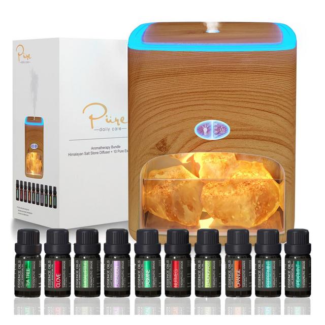 Pure Daily Care Himalayan Pink Salt Diffuser & 10 Essential Oils – Aromatherapy & Ionic Himalayan Salt - Light Wood