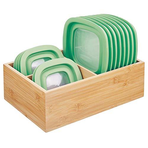 mDesign Bamboo Wood Kitchen Storage Bin Organizer for Food Container Lids and Covers - Use in Cabinets, Pantries, Cupboards - Large Divided Organizer with 3 Sections - Natural