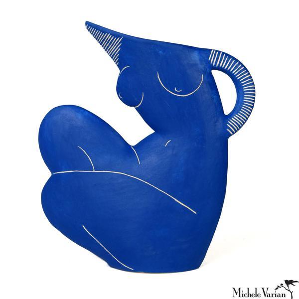 Crouched Nude Blue Earthenware Pitcher