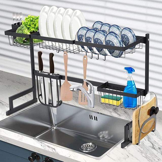 Over The Sink Dish Drying Rack, 2 Tier Adjustable (33.5"-41.3") Large Capacity Stainless Steel Dishes Drain Storage Racks Organizer with Utensils Holders for Kitchen Counter Pool