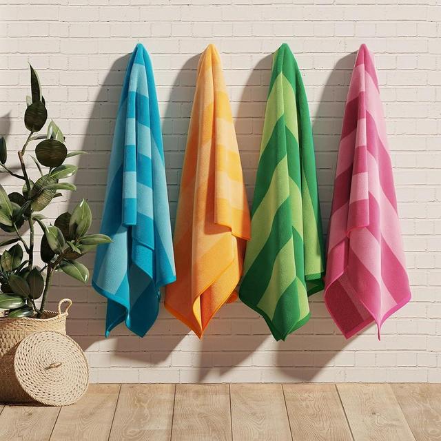 Great Bay Home 100% Cotton Velour Oversized 4 Pack Beach Towels 35" x 70" - Cabana Pool Towels - Quick Dry, Large Swim Towels for Adults and Kids (Orange, Pink, Blue, Green)
