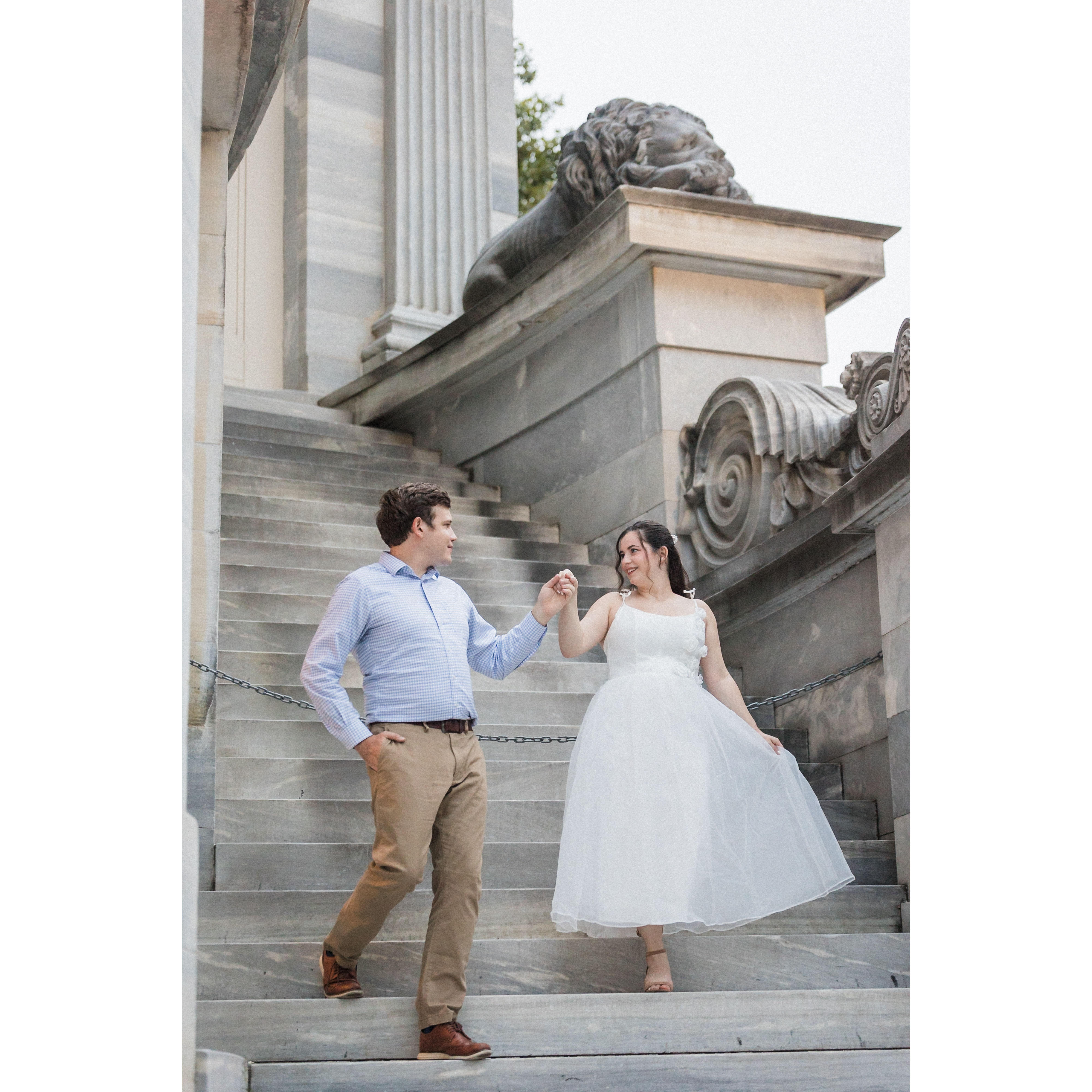 Engagement photos at the Merchant Exchange Building in Philadelphia