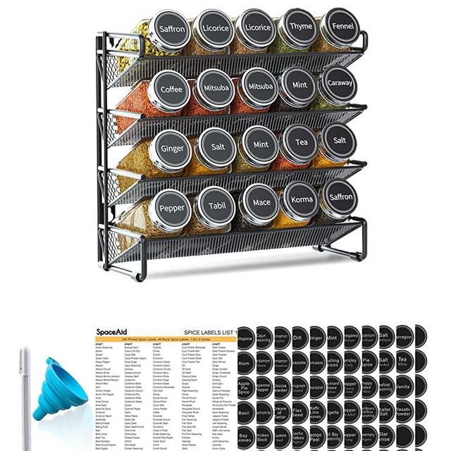 SpaceAid Spice Rack Organizer with 20 Spice Jars, 386 Spice Labels, Chalk Marker and Funnel Set for Cabinet, Countertop, Pantry, Cupboard or Door & Wall Mount - 20 Jars, 9.8" W × 10.8“H