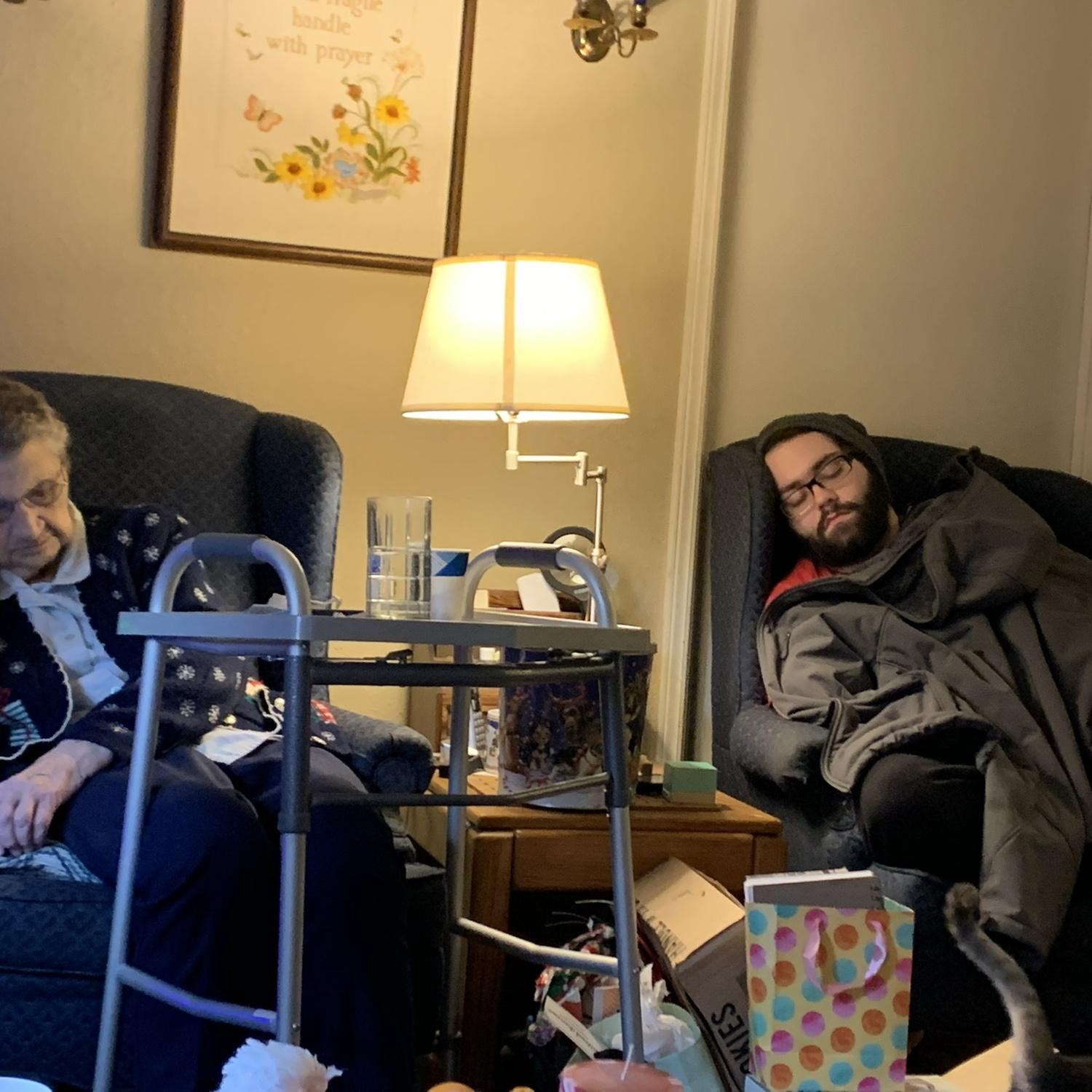 Robert and Great grandma Isabell napping in the same position.