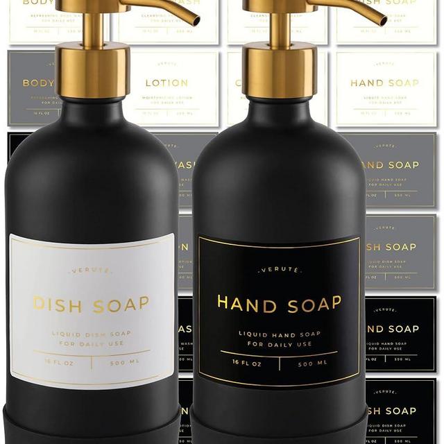 Verute 16oz Glass Soap Dispenser with Stainless Steel Pump, 21 Waterproof Labels, Non-slip Protective Silicone Pad, Set of 2 for Bathroom & Kitchen (Matte Black Bottle/Brushed Gold Pump)