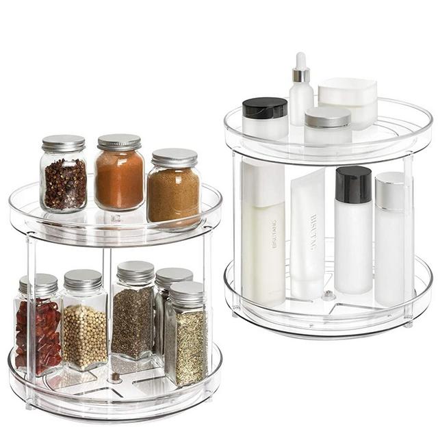 2 Tier Lazy Susan - 2 Pack Plastic Clear Spinning Organization & Storage Container Bin 9 Inch Round Turntable Condiments Spice Rack for Cabinet Pantry Countertop Kitchen Fridge Vanity Bathroom Makeup