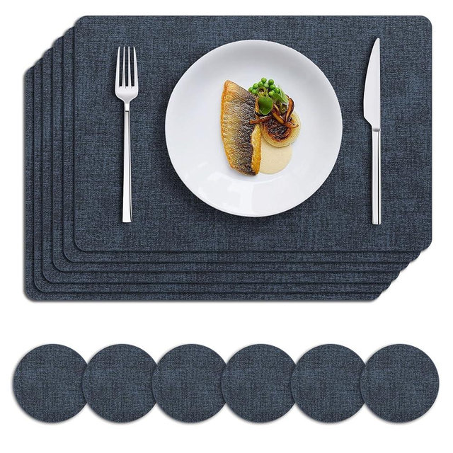 MOSAYT Faux Leather Placemats Set of 6, Heat Resistant Wipeable Washable Vinyl Place Mats with Coasters, Waterproof Oil Proof Table Mats for Kitchen Dining Party Outdoor, 12" x 18", Navy Blue