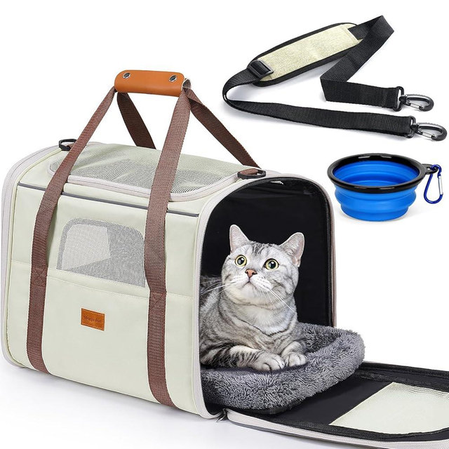 Morpilot Cat Carrier - Soft Sided Cat Carrier Large for Big Medium Cats and Puppy up to 18lbs, Pet Carrier with Safety Zippers, Foldable Bowl, Airline Approved Large Dog Carrier - Beige