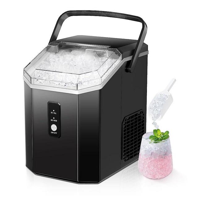 EUHOMY Nugget Ice Maker Countertop with Handle, Ready in 6 Mins, 33lbs/24H, Removable Top Cover, Auto-Cleaning, Portable Pebble Ice Maker with Basket and Scoop, for Home/Party/Camping. (Black)