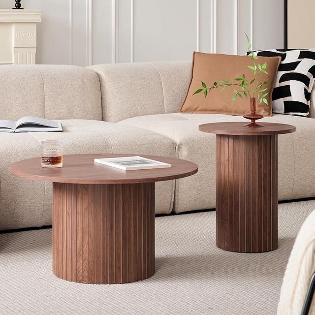 Lecafur HL Round Nesting Coffee Tables Set of 2 -φ27.6 Large Short + φ15.8 Small Tall Boho Circle Side Tables with Fluted Drum Design