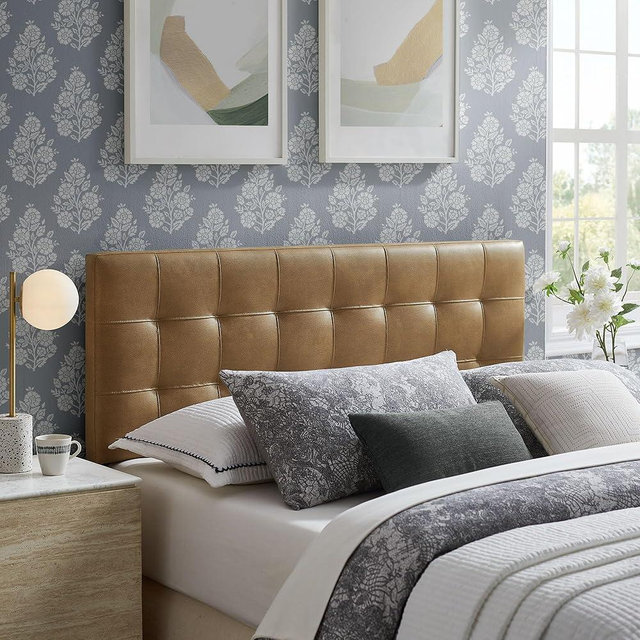 Modway Lily Faux Leather Queen Size Headboard with Biscuit Tufting in Toast - Vegan Leather Upholstery with Padded Design and 5 Height-Adjustable Mounts