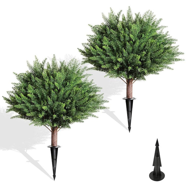 DIAFA Artificial Outdoor Plants 2 Pack Topiary Tree Spikes, UV Resistant Fake Shrubs for Front Door Garden Deco