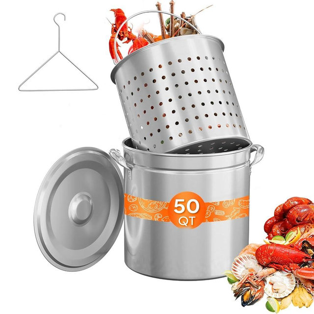 ROVSUN 50QT Stainless Steel Seafood Boil Pot with Strainer Basket, Lid & Hook, Versatile Stock Pot for Crab, Lobster, Shrimp Boiling, Heavy-Duty Turkey Fryer Pot for Outdoor Cooking & Gatherings