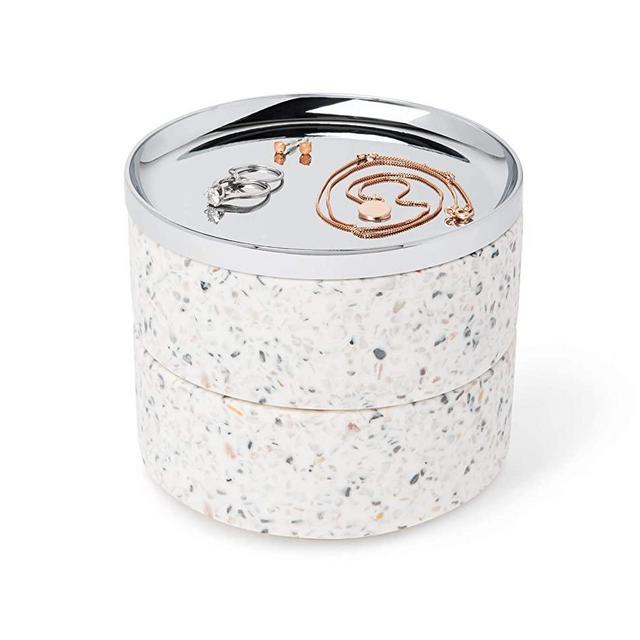 Umbra Tesora Jewelry Organizer, Two-Tier Storage Box with Removable Lid, Terrazzo/Chrome