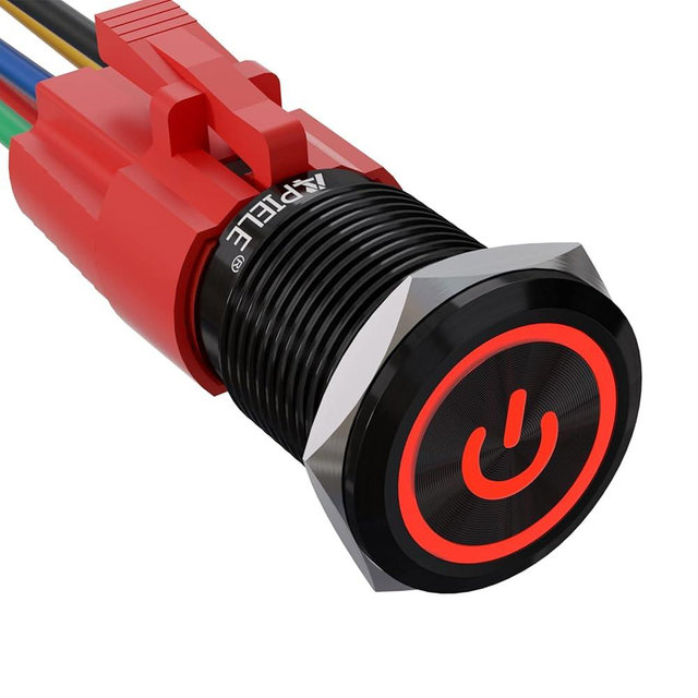 APIELE 16mm Latching Push Button Switch 0.63" 12V Power Symbol Ring Led Car Metal with Socket Plug 1NO1NC SPDT ON/Off (Red/Black Shell)
