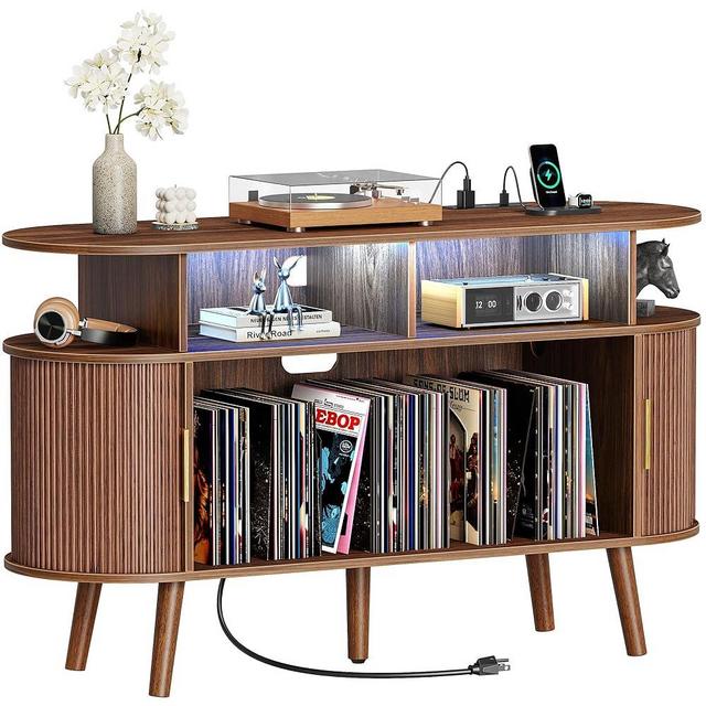 PRAISUN 47.2 Inch Large Record Player Stand with Power Outlets & 3-Color Lights, Vinyl Record Stand with 2 Fluted Cabinets, USB-C Port, Mid Century Modern Player Stand, Open Storage, Walnut
