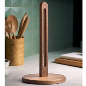 KitchLife Acacia Wooden Paper Towel Holder Countertop, 6.5" Jumbo Base, Fits Jumbo Rolls, Large Freestanding Dark Wood Paper Towel Stand Upgraded Dispenser Organizer with Non-Slip Base