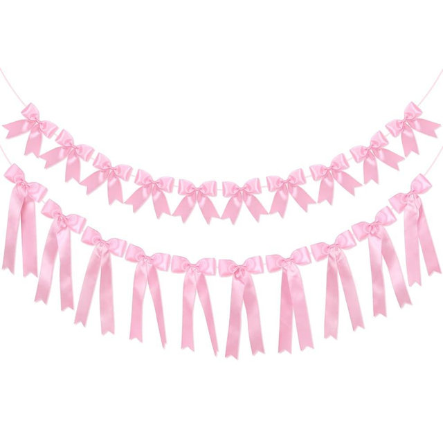 2Pcs Pink Ribbon Bow Garland Banner, Bow Party Decortions, Girls Bow Birthday Decorations, Baby Shower Decor, Tying The Knot Bridal Shower Wedding Party Supplies, Christmas Bows Decor