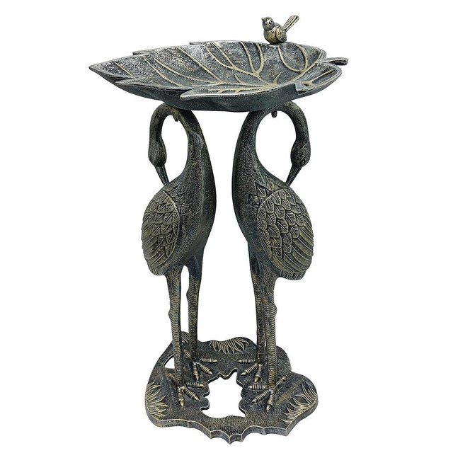 Oakland Living Cast Aluminum 30-in Twin Crane Silver Gold Bird Bath with Leaf Bowl
