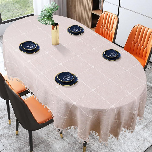 EPEDIC Oval Tablecloth with Embroidery Tassel Tablecloth, Coffee Color Plaid Oval Tablecloth 60X84 Inch,Kitchen Dining Room Table Covers, Wrinkle Resistant Fade Resistant Tabletop Decorations